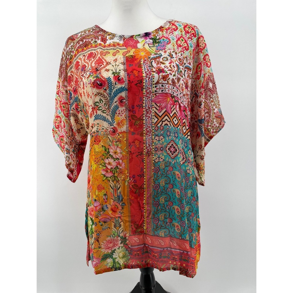 Shana‎ 100% Viscose Silk Top Women XS Patchwork Artsy Boho Floral  Kimono Sleeve